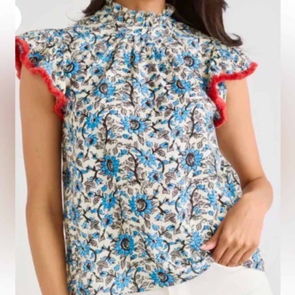 THML Blue and Black Floral Flutter and Fringe top in size xs